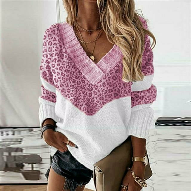 Pull pour femme en maille patchwork à motif léopard pour l’automne et l’hiver