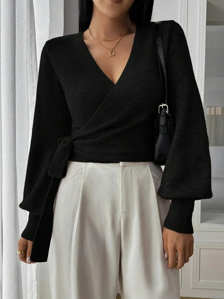 Pull femme en maille enveloppant avec ceinture à nouer, casual pour l'automne
