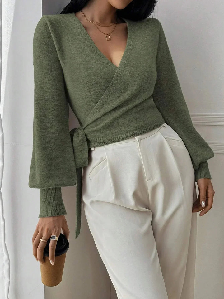 Pull femme en maille enveloppant avec ceinture à nouer, casual pour l'automne