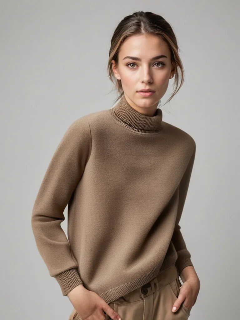 Pulover de damă cu guler înalt, din tricot moale de lână, cu croială clasică, pentru toamnă