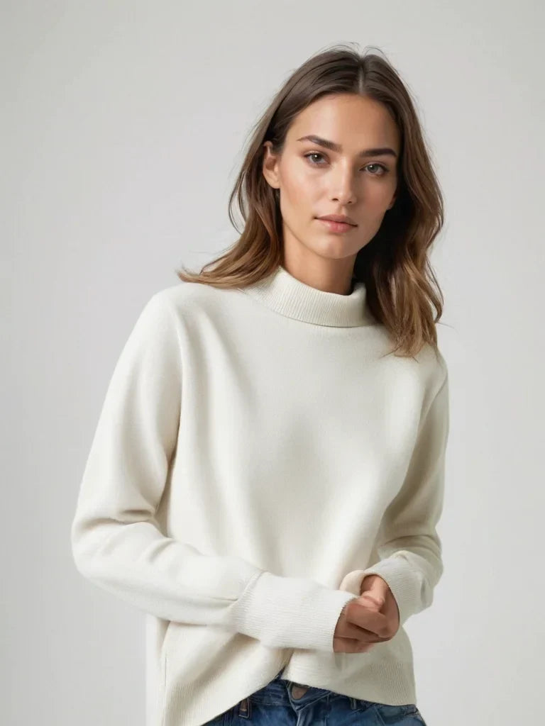 Pulover de damă cu guler înalt, din tricot moale de lână, cu croială clasică, pentru toamnă