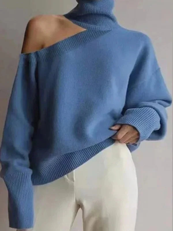 Pulover de damă cu guler înalt și umerii descoperiți, din tricot de lână, pentru toamnă