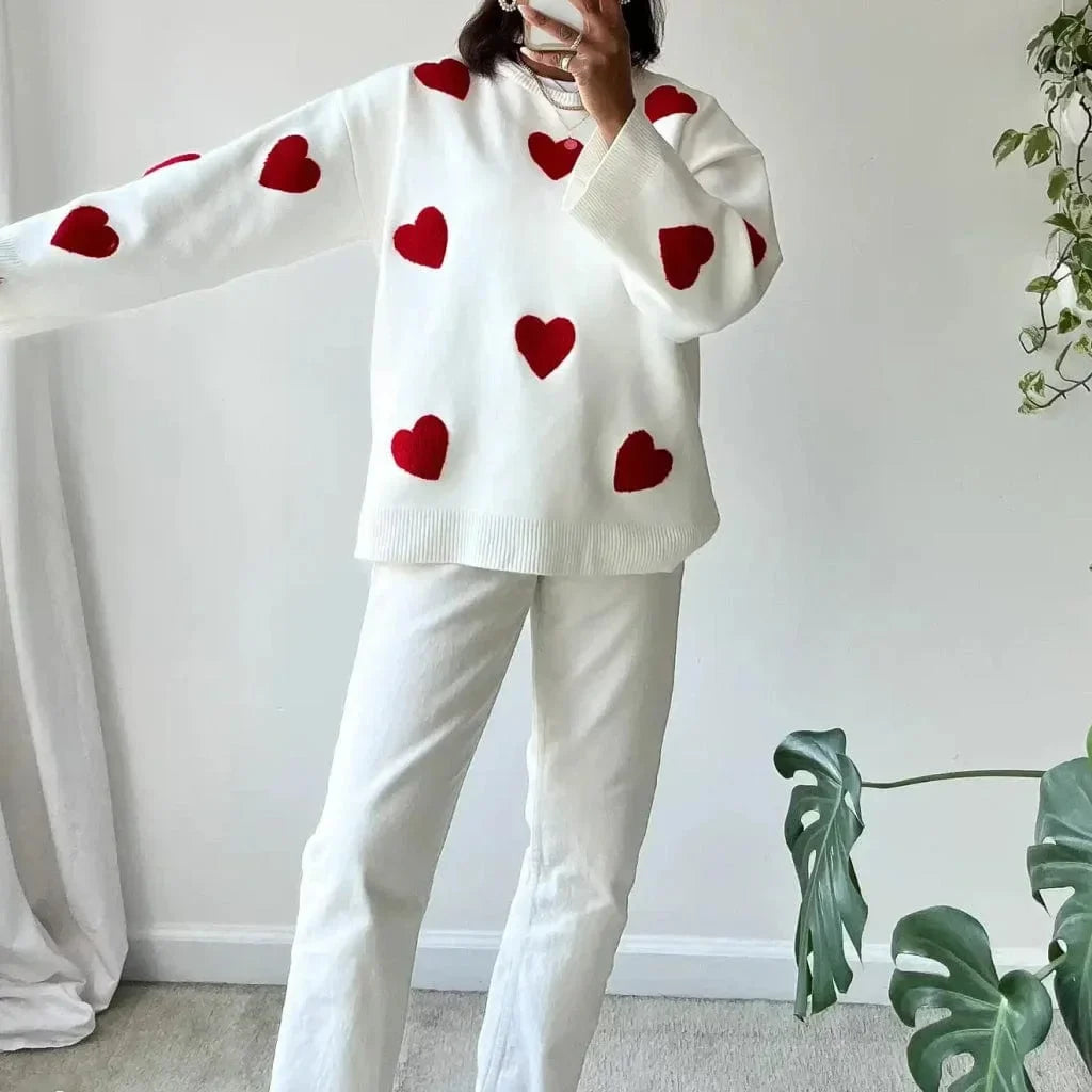 Pulover de damă casual din tricot de lână, cu croială lejeră, pentru toamnă, cu motiv în formă de inimă