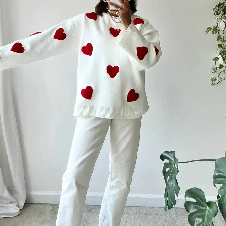 Pulover de damă casual din tricot de lână, cu croială lejeră, pentru toamnă, cu motiv în formă de inimă