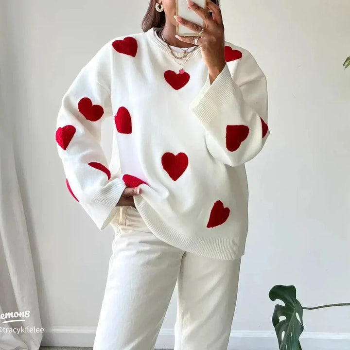 Pulover de damă casual din tricot de lână, cu croială lejeră, pentru toamnă, cu motiv în formă de inimă