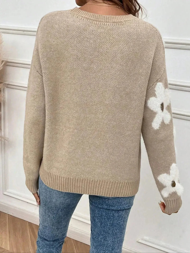 Pulover de damă tricotat, cu guler rotund și model floral, casual, pentru toamnă