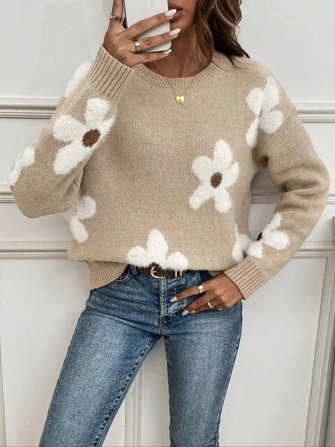 Pulover de damă tricotat, cu guler rotund și model floral, casual, pentru toamnă