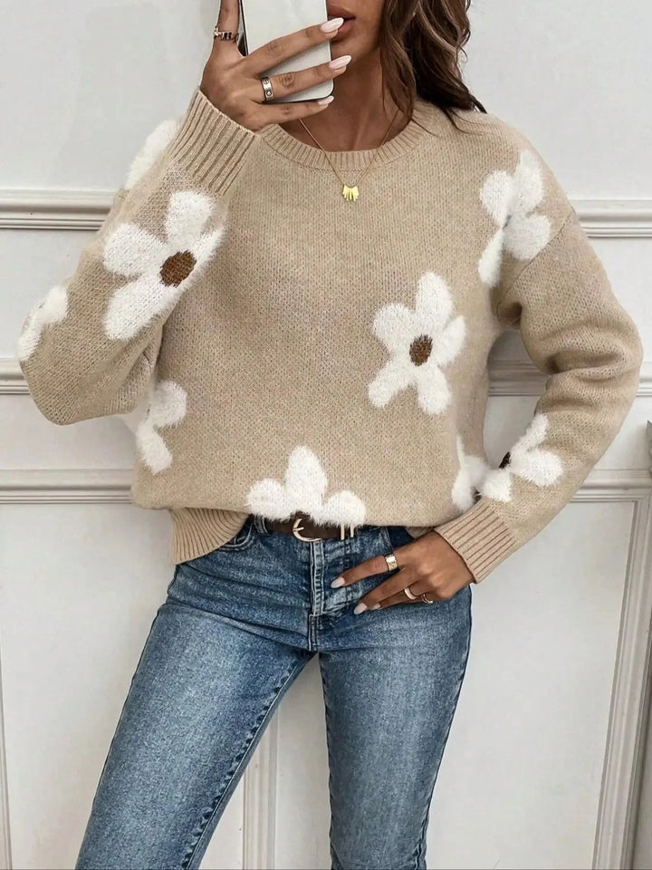 Pulover de damă tricotat, cu guler rotund și model floral, casual, pentru toamnă