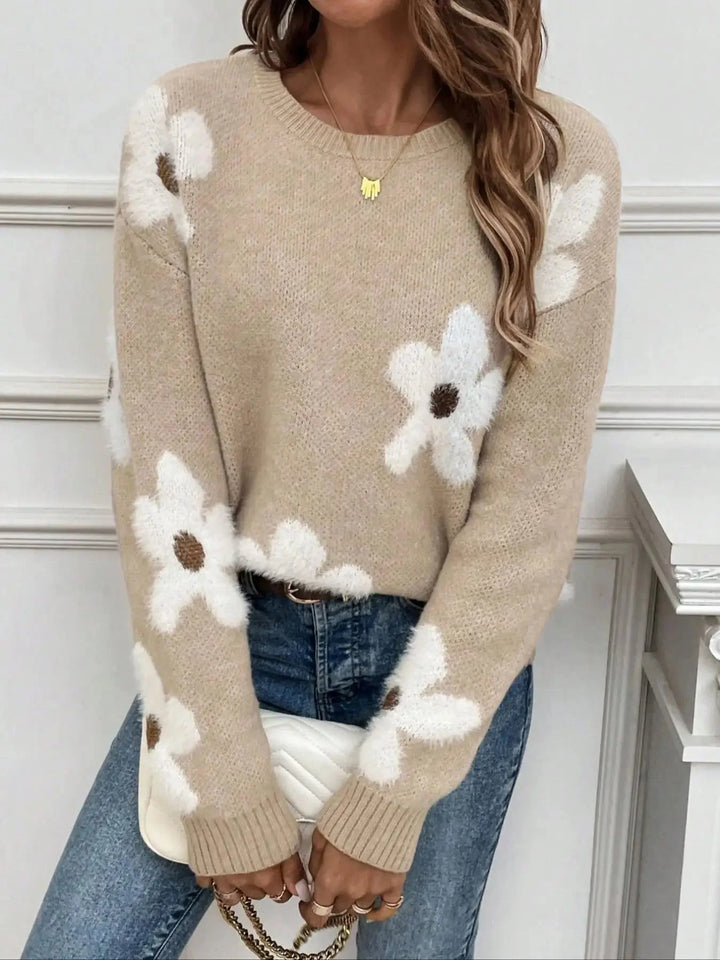 Pulover de damă tricotat, cu guler rotund și model floral, casual, pentru toamnă