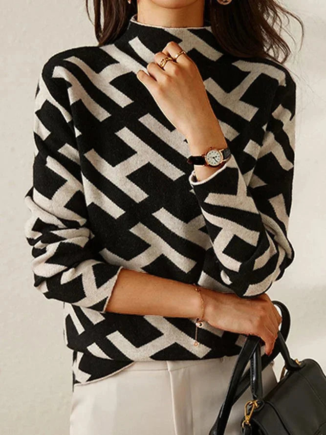 Pull femme à motif géométrique en laine tricotée, style casual pour l'automne