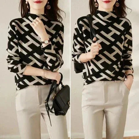 Pull femme à motif géométrique en laine tricotée, style casual pour l'automne