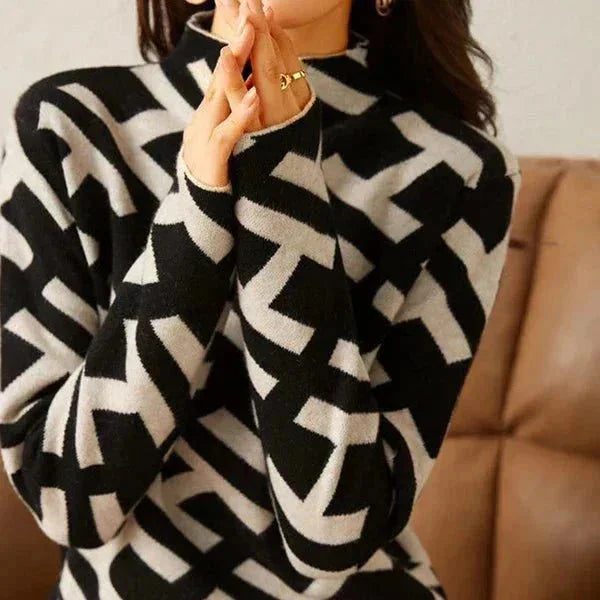 Pull femme à motif géométrique en laine tricotée, style casual pour l'automne