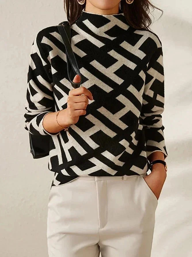 Pull femme à motif géométrique en laine tricotée, style casual pour l'automne