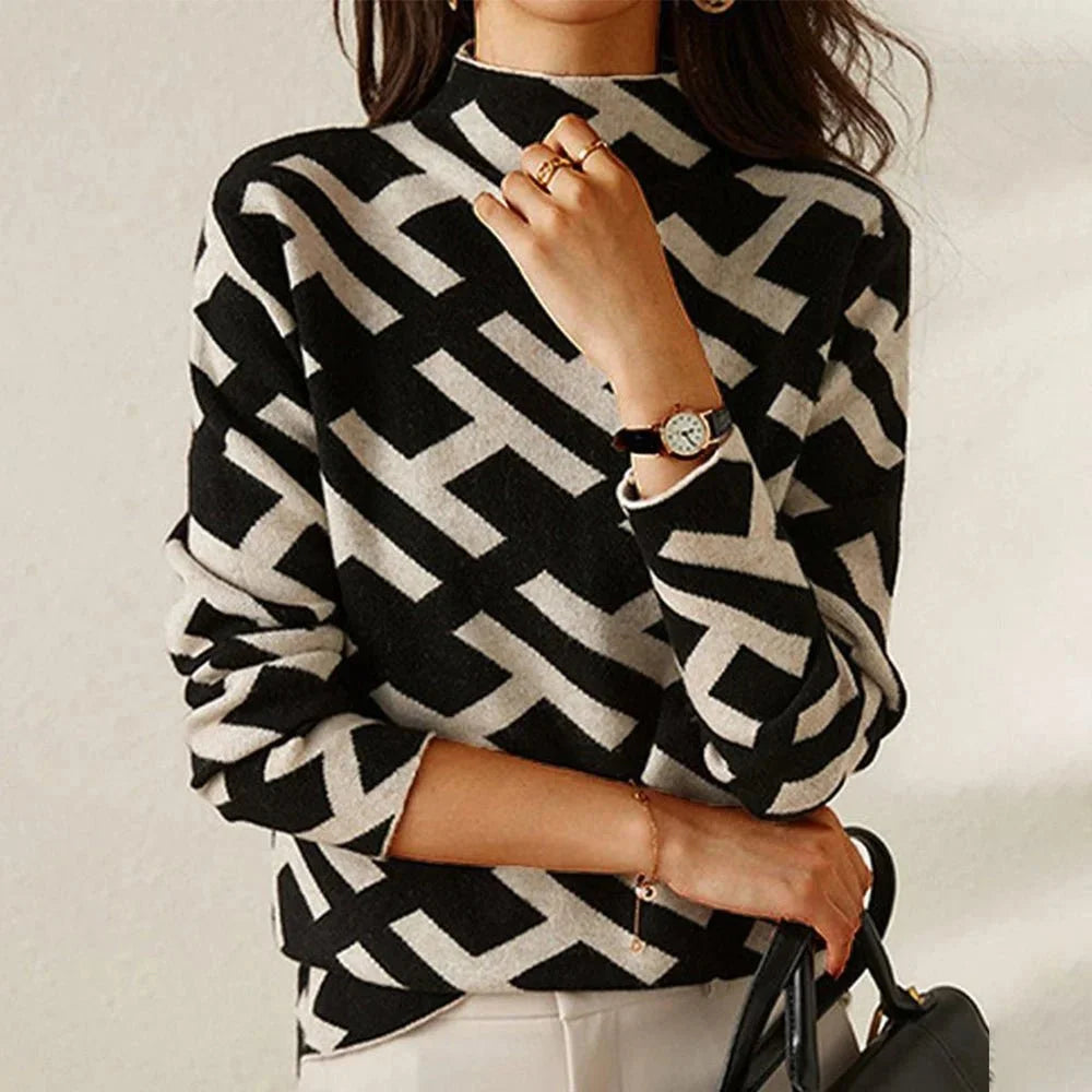 Pull femme à motif géométrique en laine tricotée, style casual pour l'automne