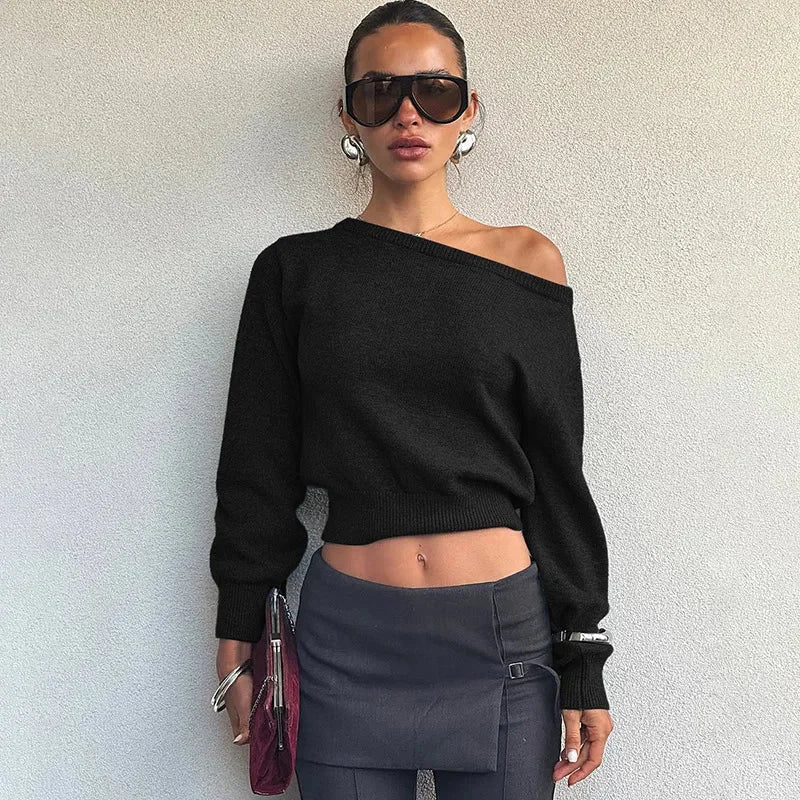 Pull femme à une épaule en maille de laine, coupe décontractée pour l'automne.