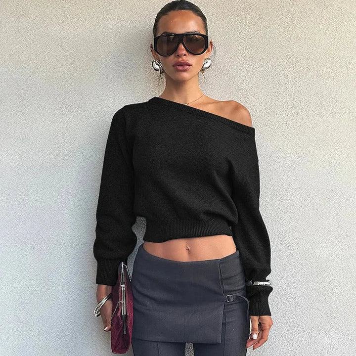 Pull femme à une épaule en maille de laine, coupe décontractée pour l'automne.