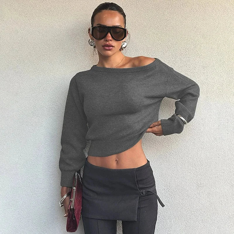 Pull femme à une épaule en maille de laine, coupe décontractée pour l'automne.