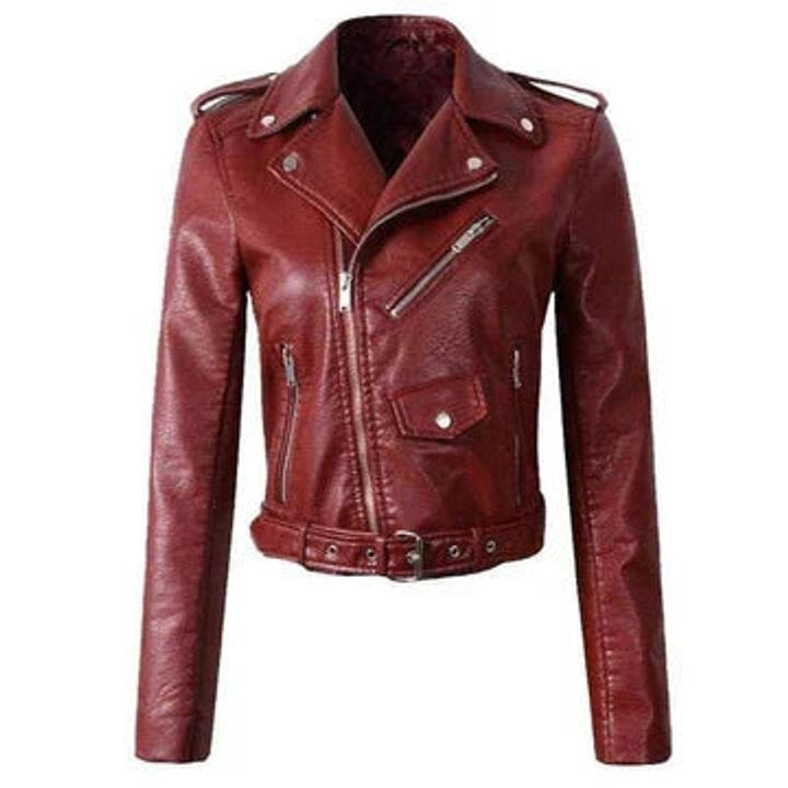 Giacca perfecto da donna in similpelle con cintura, per l’autunno