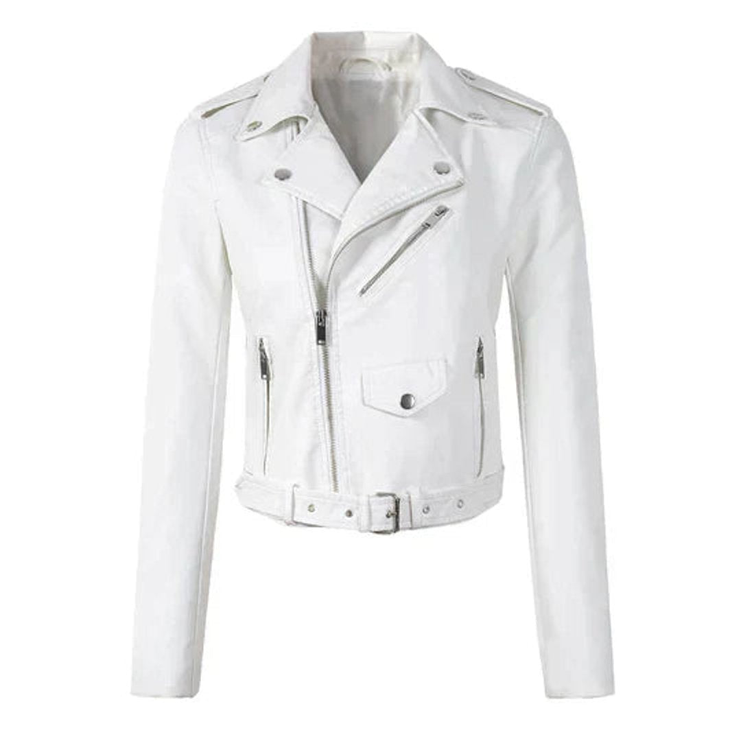 Giacca perfecto da donna in similpelle con cintura, per l’autunno