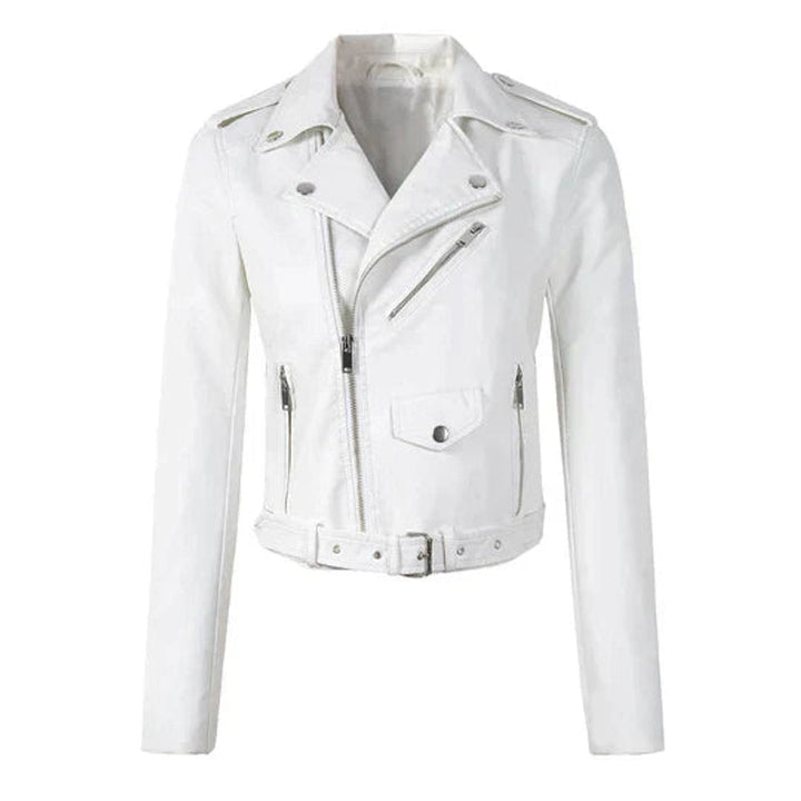 Giacca perfecto da donna in similpelle con cintura, per l’autunno