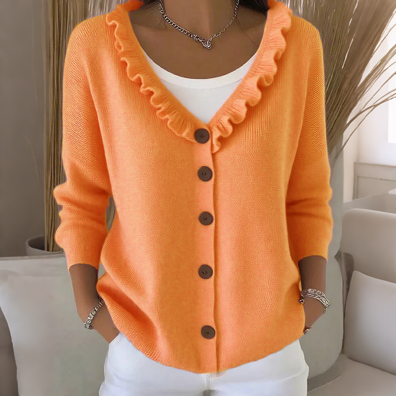 Cardigan femme en maille à col volanté et boutons, gilet doux et féminin pour l’automne