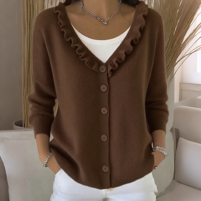 Cardigan femme en maille à col volanté et boutons, gilet doux et féminin pour l’automne