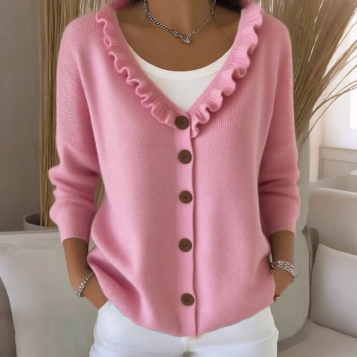 Cardigan femme en maille à col volanté et boutons, gilet doux et féminin pour l’automne