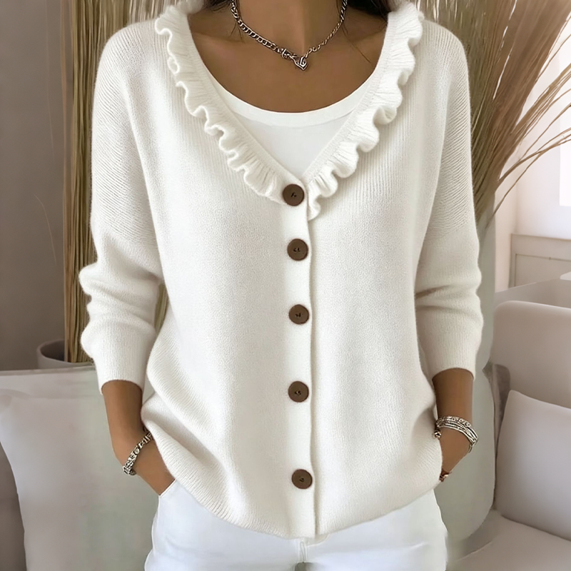 Cardigan femme en maille à col volanté et boutons, gilet doux et féminin pour l’automne