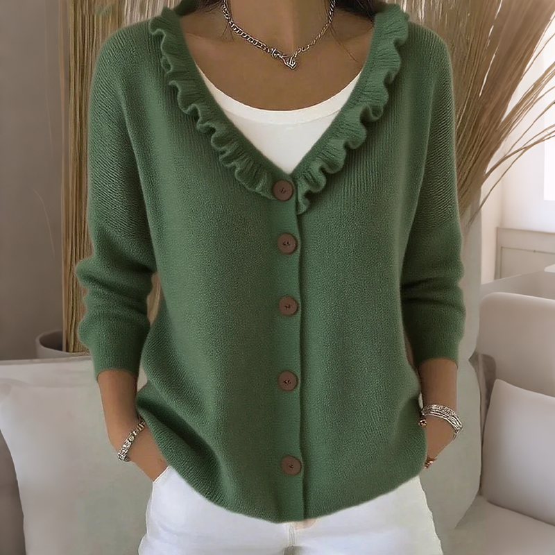 Cardigan femme en maille à col volanté et boutons, gilet doux et féminin pour l’automne
