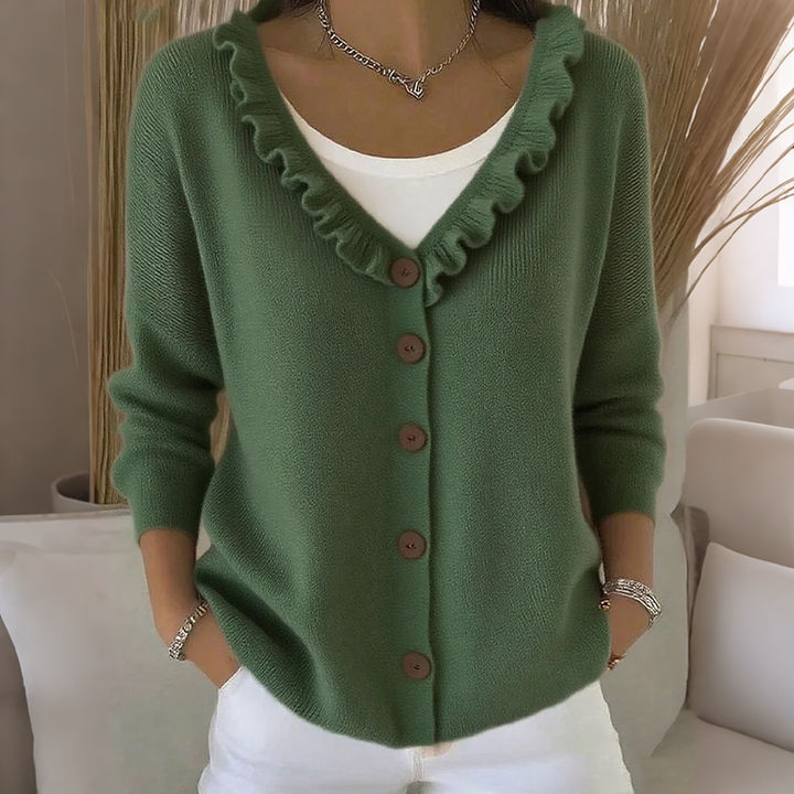 Cardigan femme en maille à col volanté et boutons, gilet doux et féminin pour l’automne