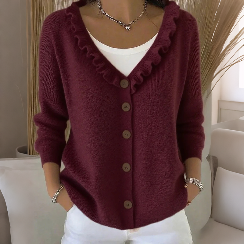 Cardigan femme en maille à col volanté et boutons, gilet doux et féminin pour l’automne