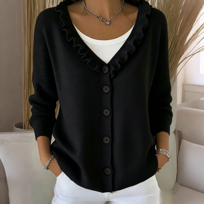 Cardigan femme en maille à col volanté et boutons, gilet doux et féminin pour l’automne