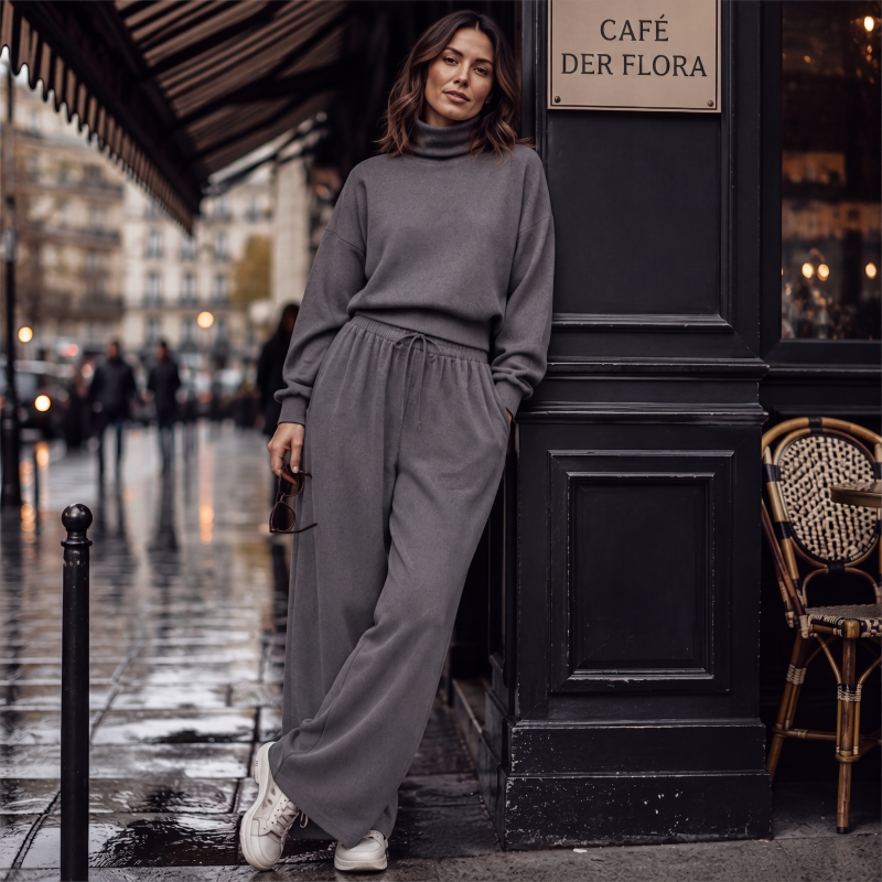 Ensemble de survêtement pour femme en maille avec col roulé et pantalon large pour l’automne