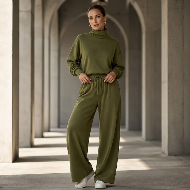 Ensemble de survêtement pour femme en maille avec col roulé et pantalon large pour l’automne