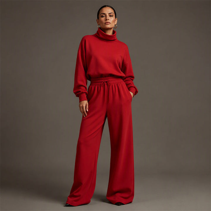 Ensemble de survêtement pour femme en maille avec col roulé et pantalon large pour l’automne