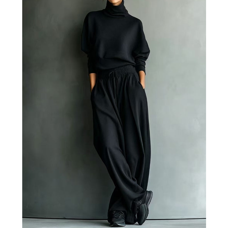 Ensemble de survêtement pour femme en maille avec col roulé et pantalon large pour l’automne