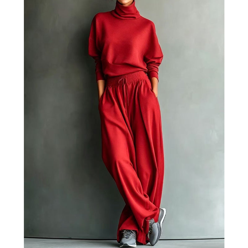 Ensemble de survêtement pour femme en maille avec col roulé et pantalon large pour l’automne