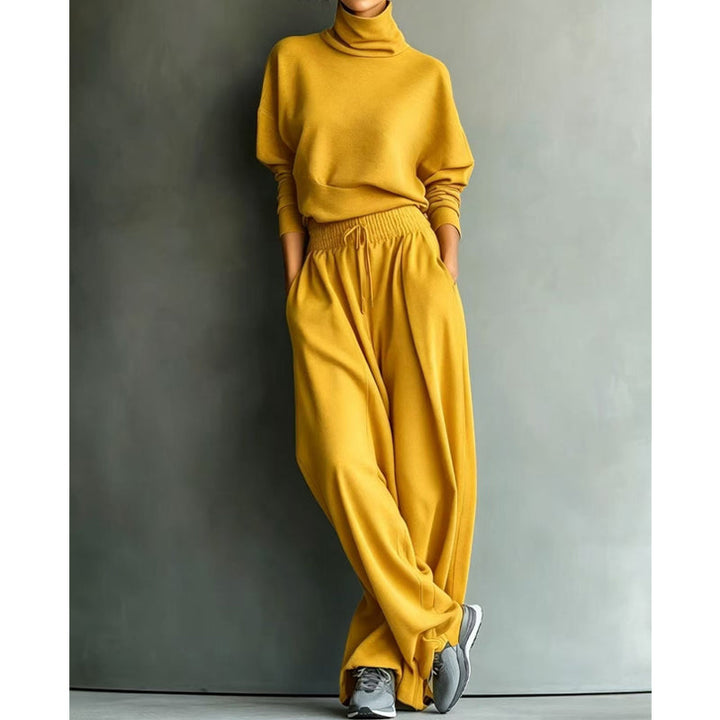 Ensemble de survêtement pour femme en maille avec col roulé et pantalon large pour l’automne