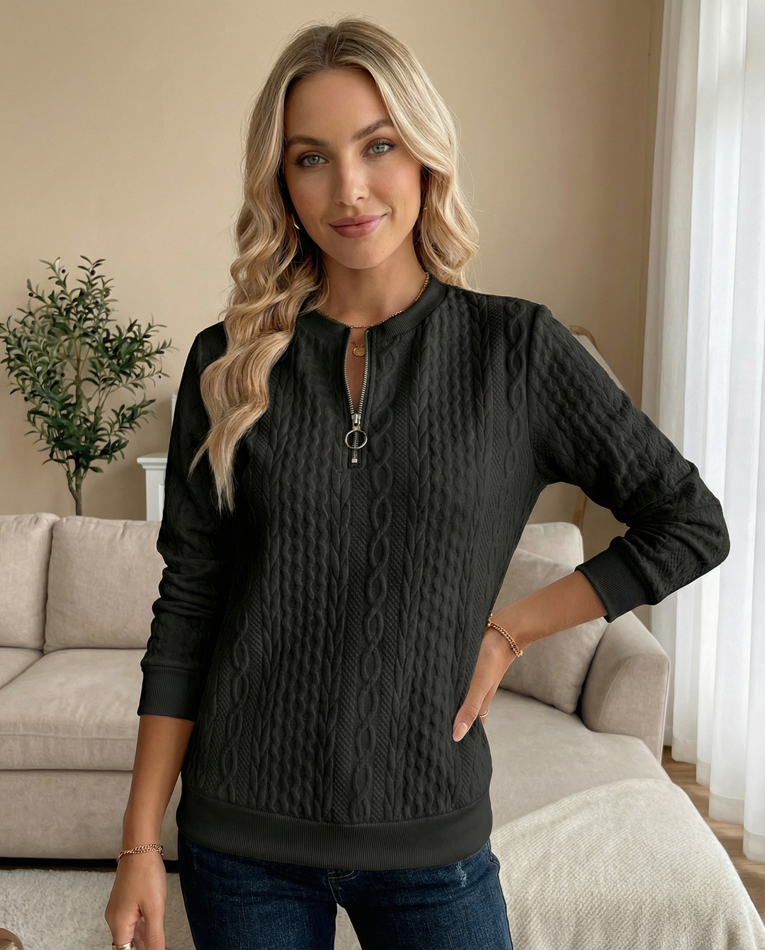 Sweat-shirt zippé pour femme, texturé, pour l’automne et les tenues de tous les jours