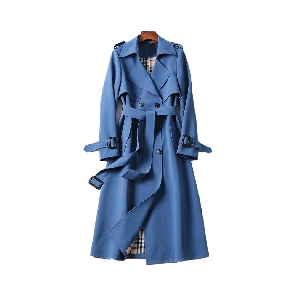 Gabardina larga para mujer con cinturón y solapas, abrigo elegante de entretiempo para otoño
