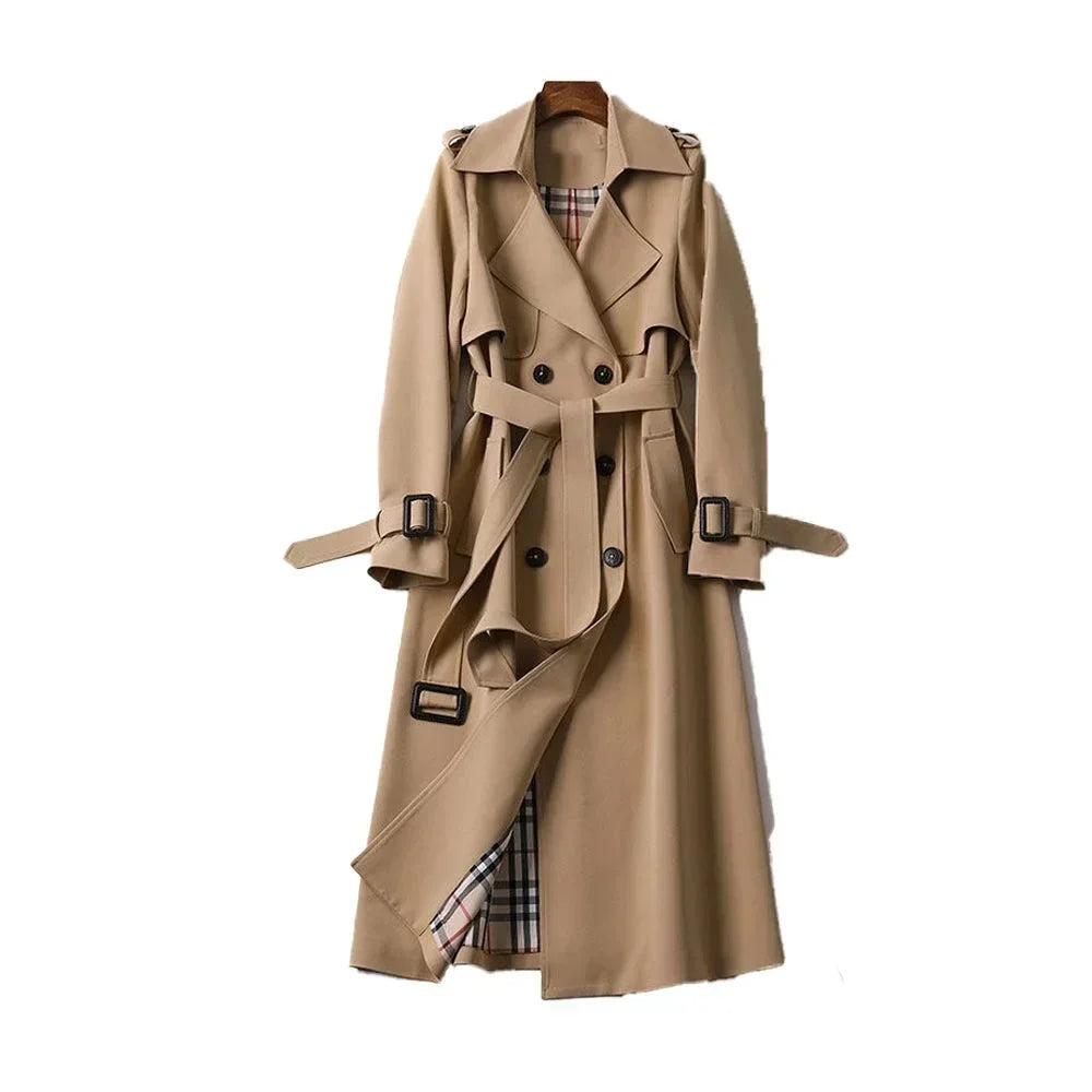 Gabardina larga para mujer con cinturón y solapas, abrigo elegante de entretiempo para otoño