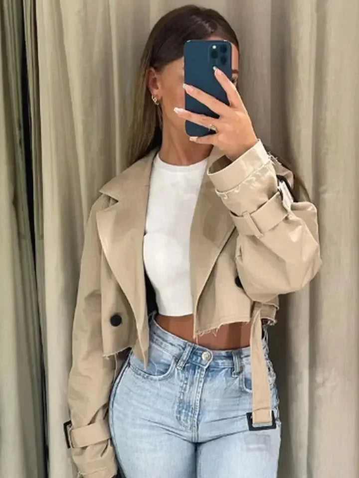 Trench-coat court pour femme à manches longues, manteau de transition élégant pour l'automne