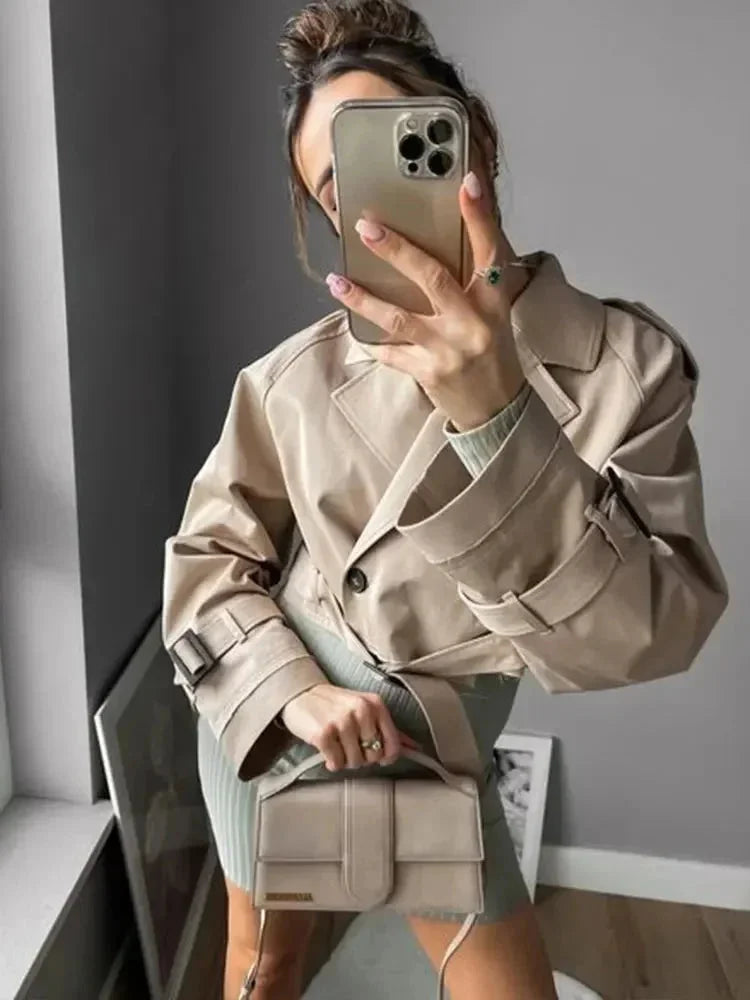 Trench-coat court pour femme à manches longues, manteau de transition élégant pour l'automne