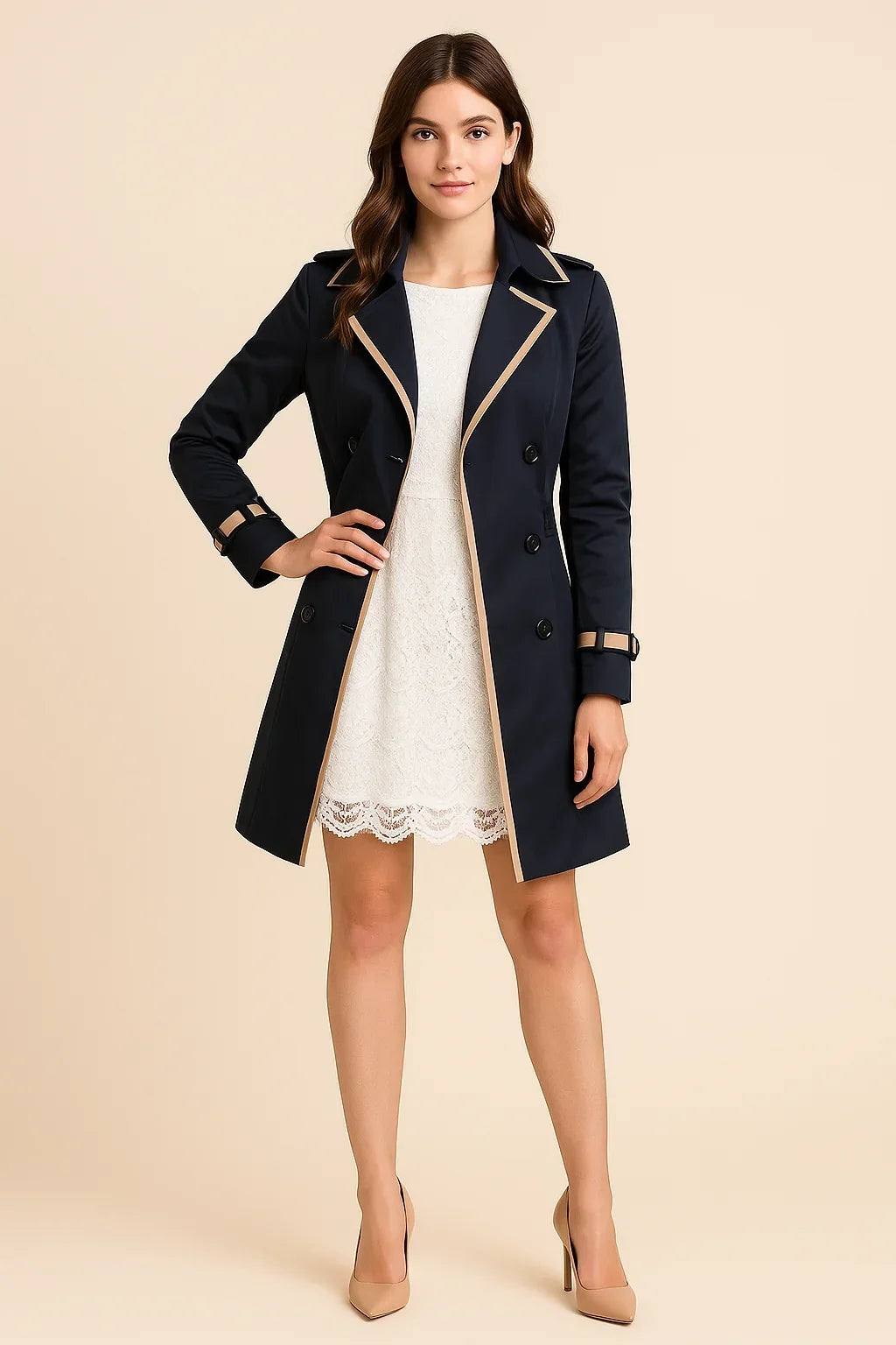 Trench-coat femme à double boutonnage, élégant manteau de transition pour l'automne à coupe classique.