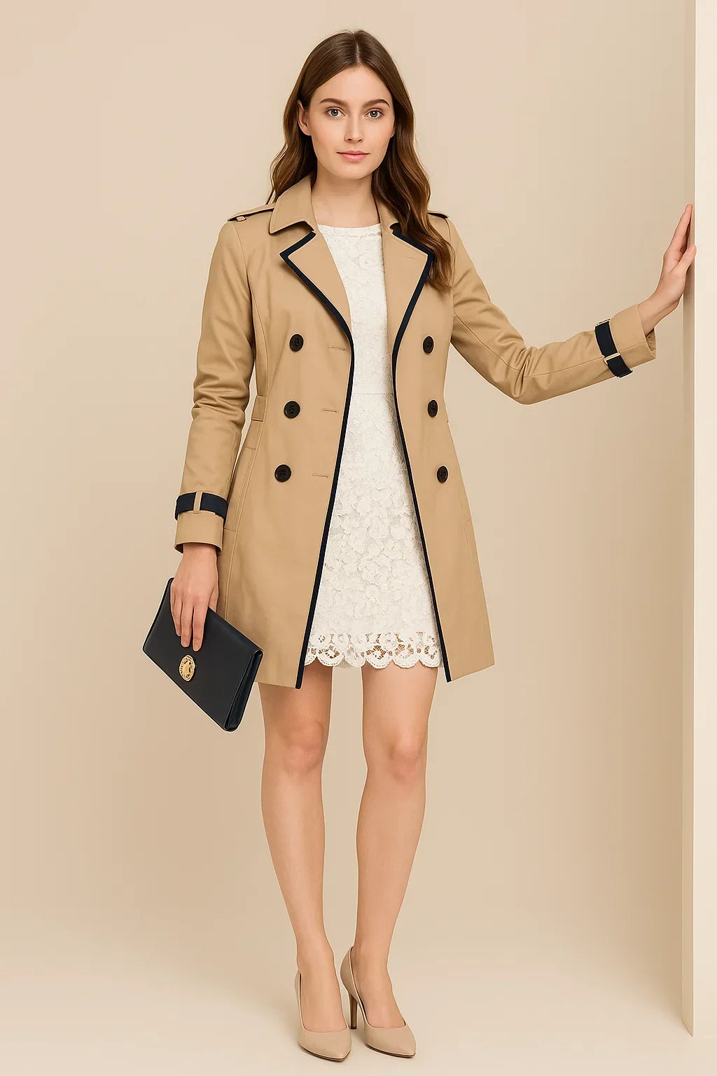 Trench-coat femme à double boutonnage, élégant manteau de transition pour l'automne à coupe classique.