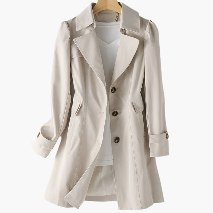 Trench-coat long pour femme en coton à revers, idéal pour la mi-saison et l’automne