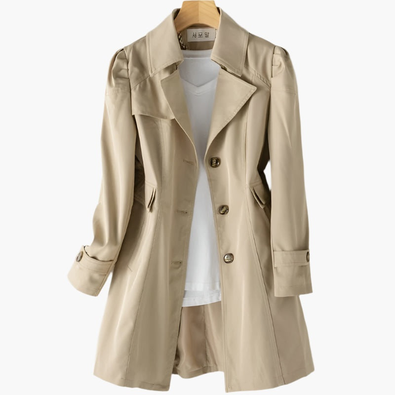 Trench-coat long pour femme en coton à revers, idéal pour la mi-saison et l’automne