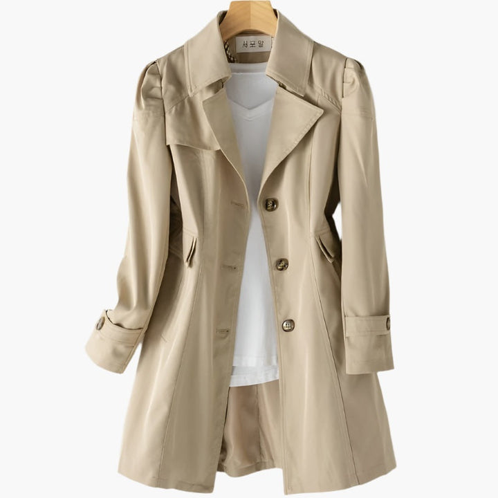 Trench-coat long pour femme en coton à revers, idéal pour la mi-saison et l’automne