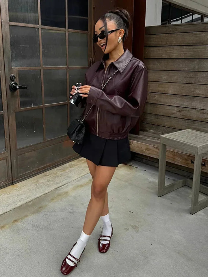 Women’s faux leather bomber jacket, elegant transitional jacket for autumn
