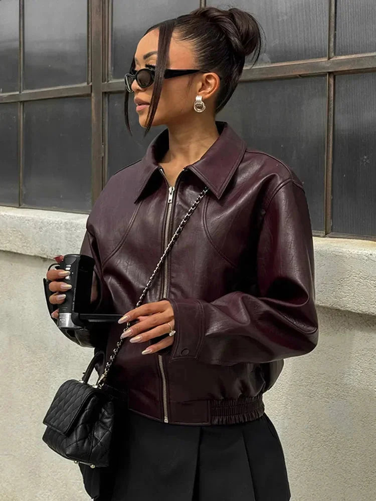 Women’s faux leather bomber jacket, elegant transitional jacket for autumn